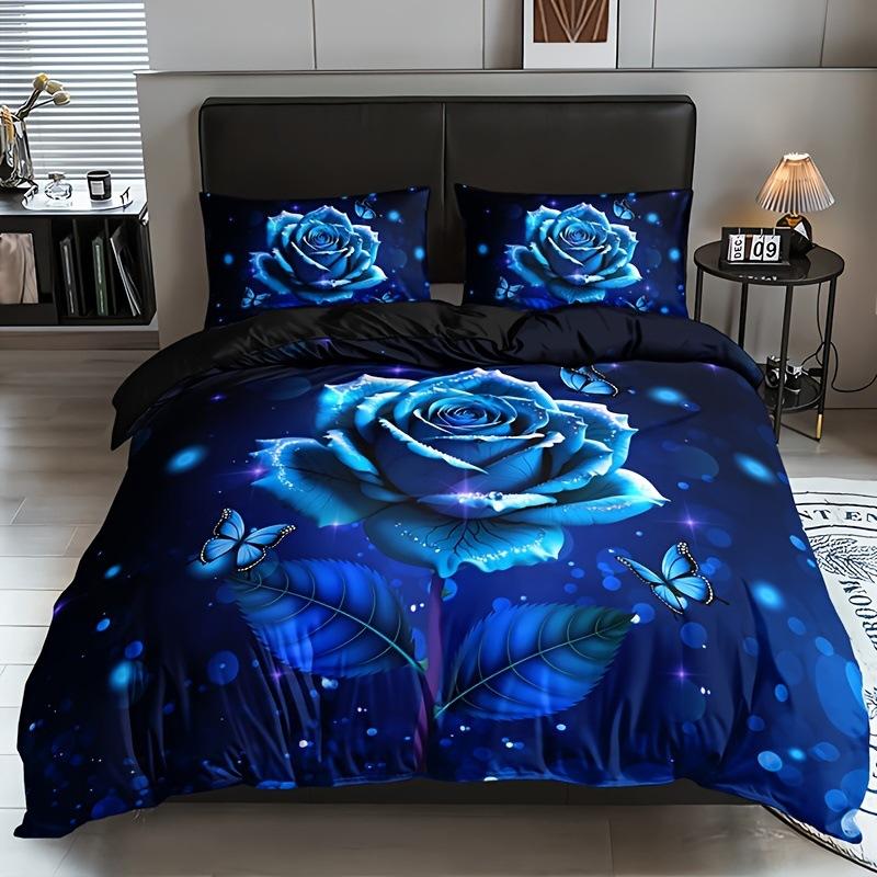 Blue Rose Digital Printed Duvet Set Three-Piece Valentine'S Day Gift Suitable For Bedroom Decoration Bedding
