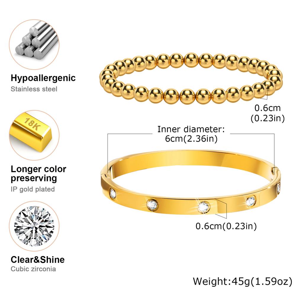 Vnox 2-8mm Women Bracelets Set, Simple Stacked Gold Plated Stainless Steel Beads Bracelets , Glam Love Gift Cuff Bangles for Her