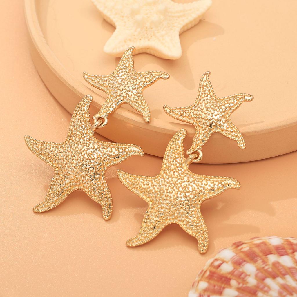 Fashion Vacation Style Starfish Earrings Temperament Double Alloy Earrings Summer Marine Element Jewelry Women