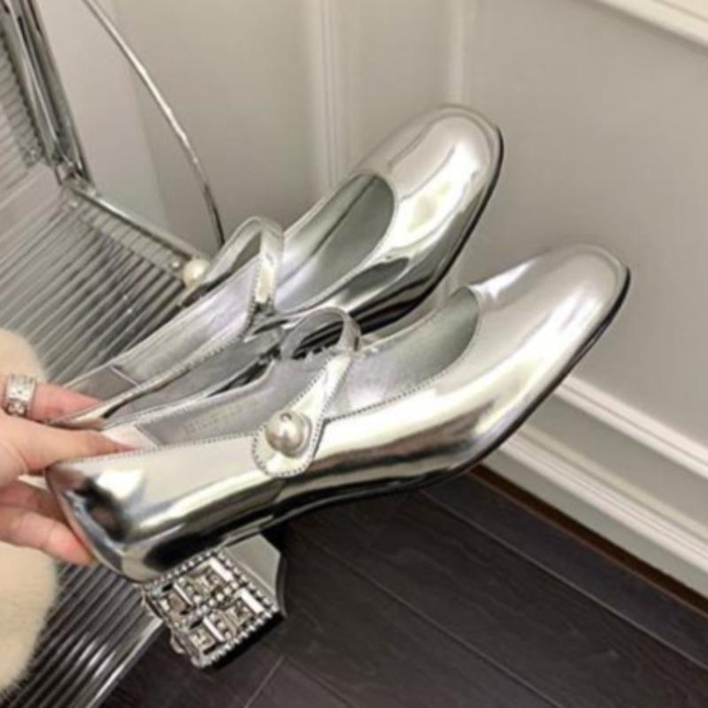 Fashion Shoes for Women Mary Jane Woman Footwear Gothic Round Toe with Medium Heels Diamond Crystals Rhinestone Pearl Popular Stylish