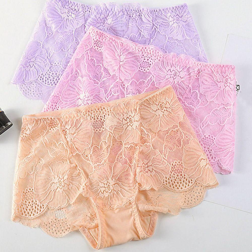 4PCS Mesh Transparent Lace Flower Panties Low Waist Women Underwear Seamless Lace Briefs  Female