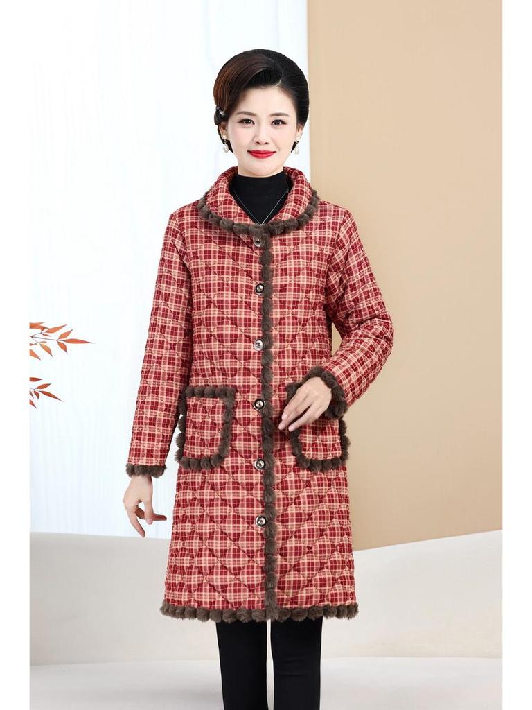 Women's Mid-Length Plaid Cotton Jacket - Maternity & Plus Velvet for Autumn/Winter Warmth, Over-the-Knee Style for Middle-Aged & Elderly