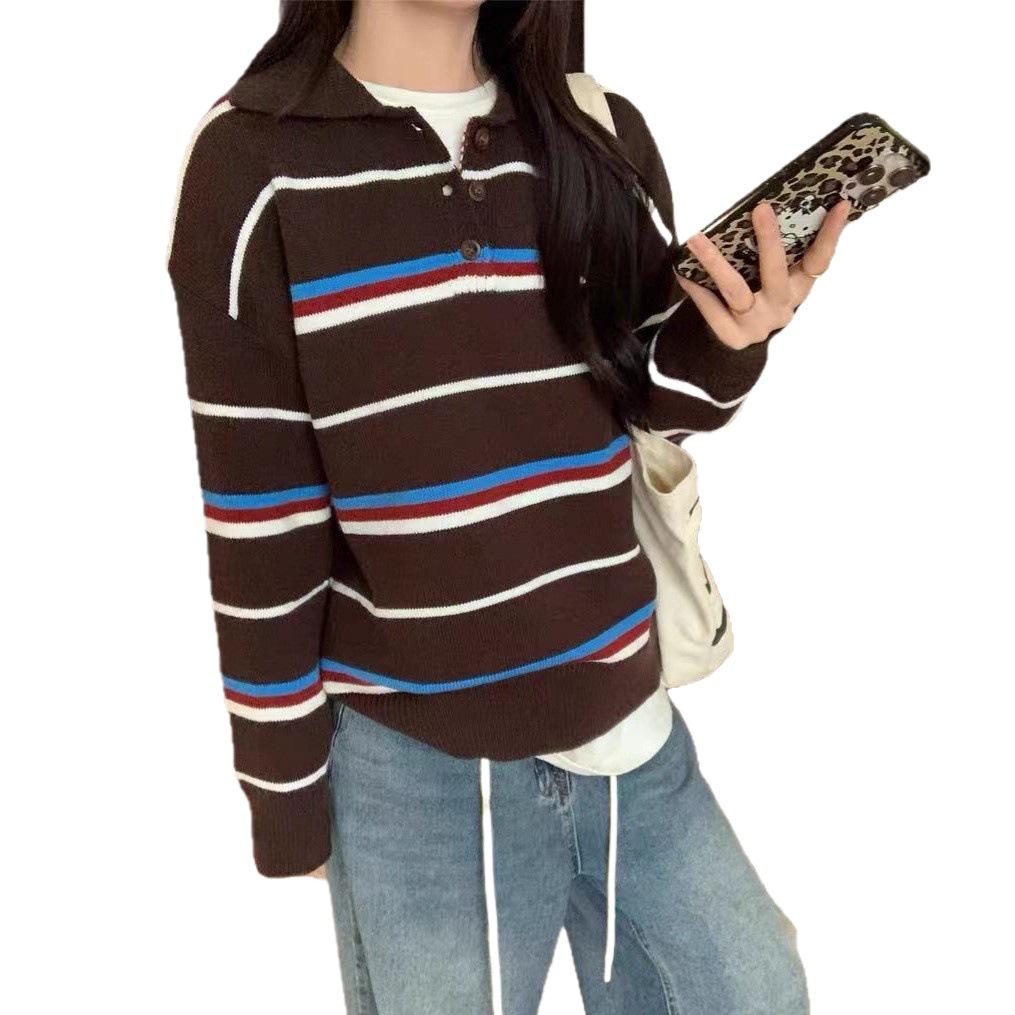 2025 Autumn/Winter Korean Color Block Stripe Polo Neck Knit Sweater - Casual, Versatile, and Loose Fit
