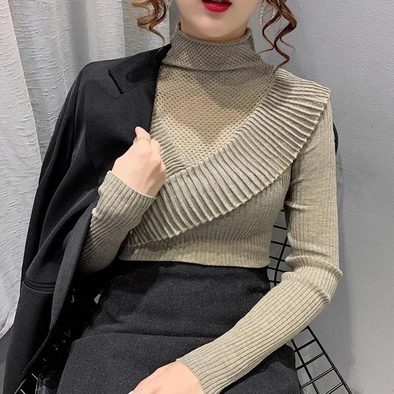 Potargany sweter z półgolfem damski jesienno-zimowa odzież koronkowy styl samo-uprawa Hollow dzianina najniższa koszula Top