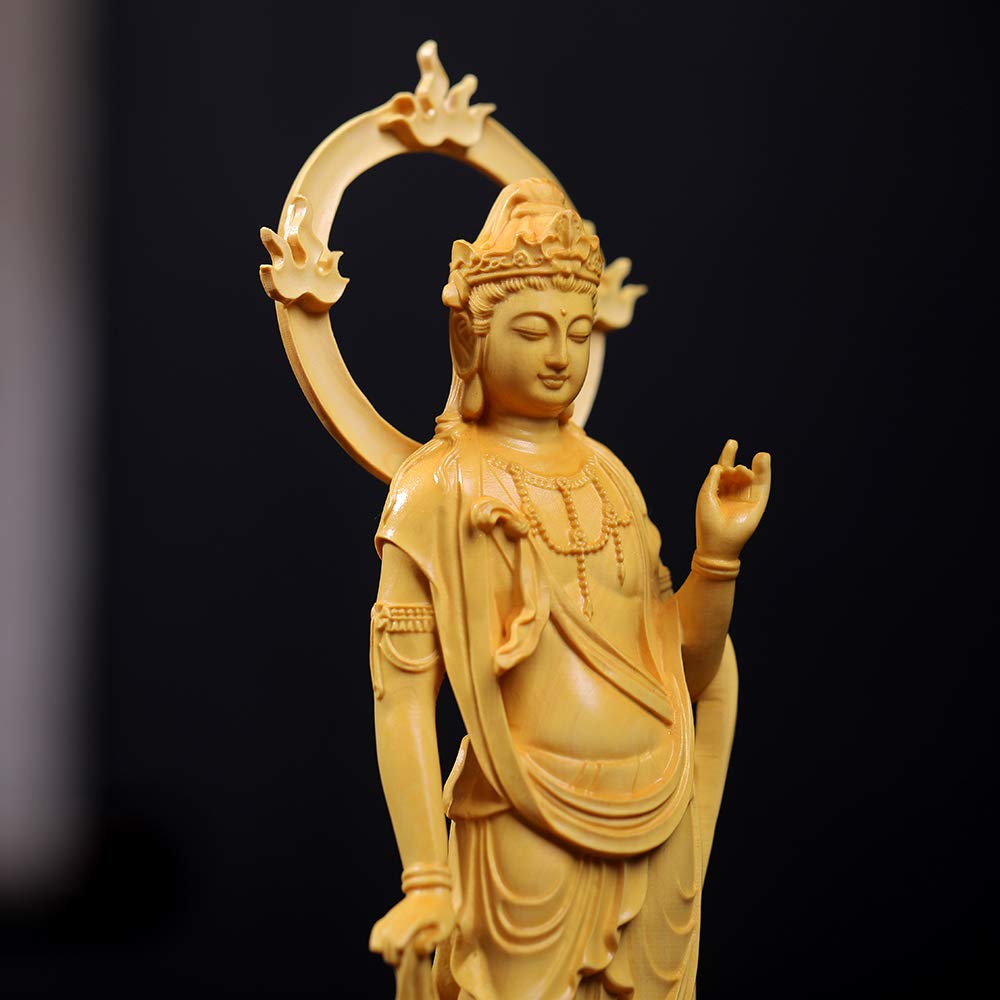 FunLo Traditionelle Kunstschnitzerei Buddhistische Statue, Seishi Bodhisattva, Holzschnitzerei, Schutzgottheit, Feng Shui, Viel Glück, Handgeschnitztes Buchsbaum (23cm H x