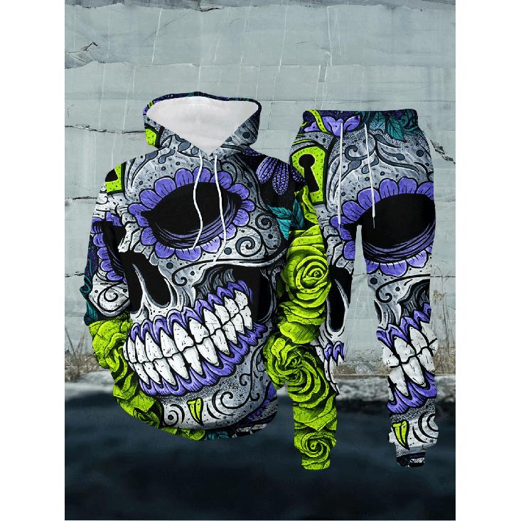 3D Printed Men s Casual Hoodie 2pcs Set with Day of the Dead Sugar Skull Pattern S