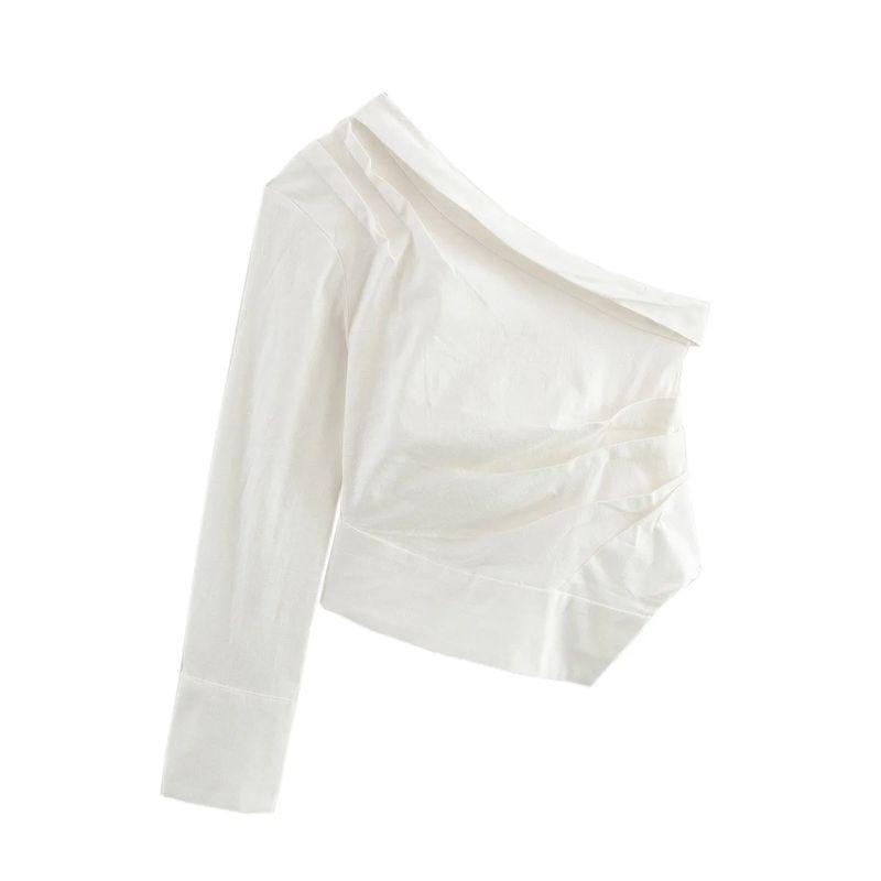 

Spring New Women s Clothing Commute Style Asymmetric Design Diagonal Collar Long Sleeves Silm Imitation Linen One Shoulder Short-Length Tops White L