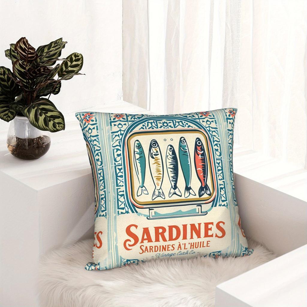 "Vintage Sardines Pillow Cover – Retro Fish Can Label Design With Mediterranean Style For Kitchen, Living Room & Coastal Decor"