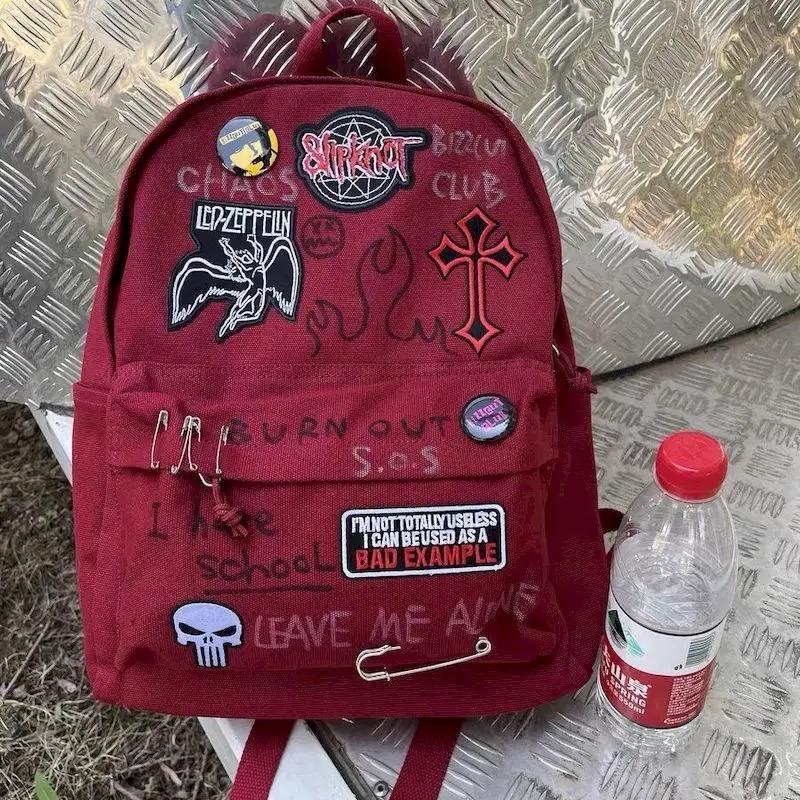 Zaino Rosso Vino Rock Punk Studente Grande Capacità Casual per Uomo e Donna