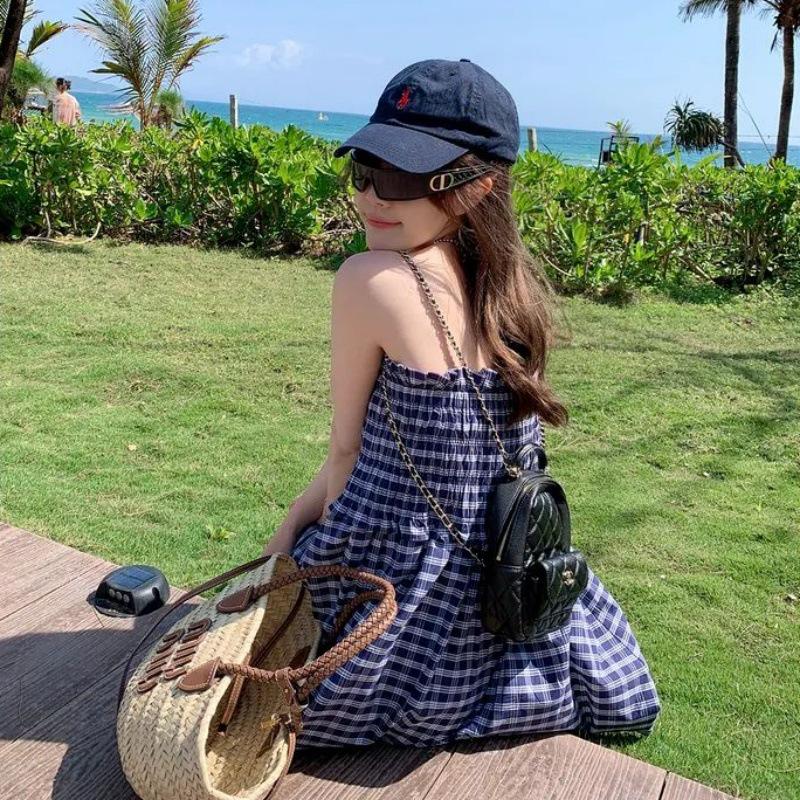 

Women s Blue Plaid Midi Skirt & Strapless Tank Dress - French Style Summer Outfit Extra Large