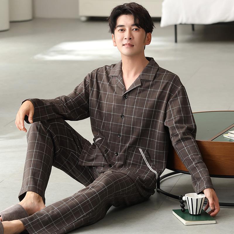 Ren Bomull Pyjamas Herr Vår Och Höst Bomull Långärmad Medium Pappa Stor Storlek Kan Bära Loungewear Utomhus
