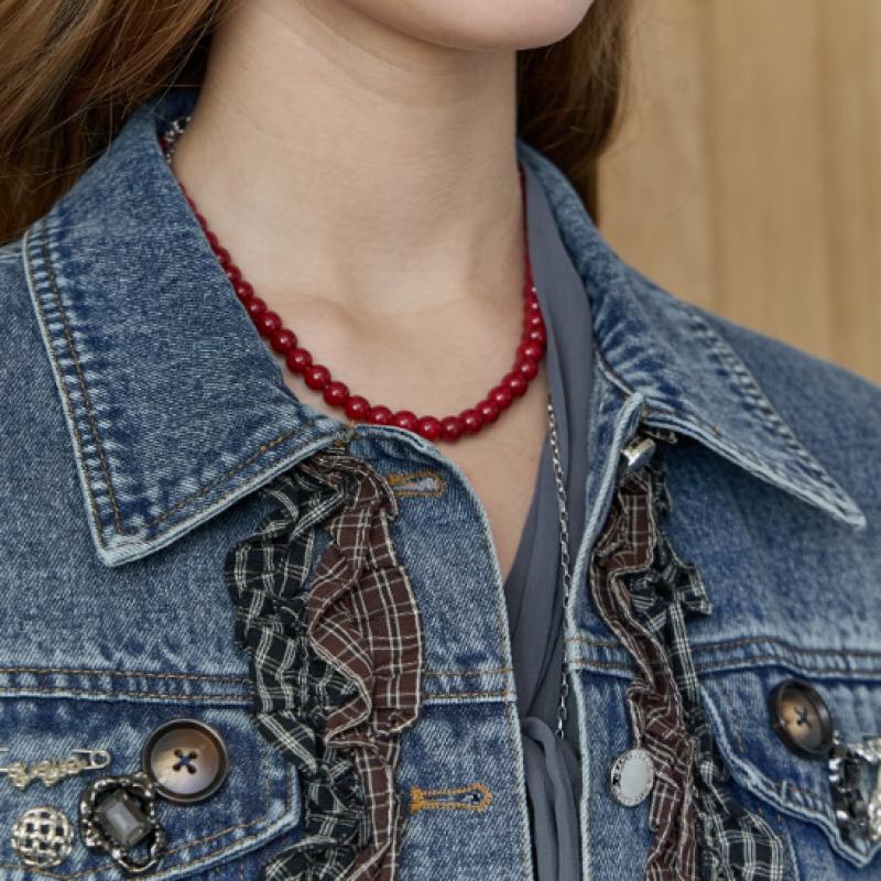 MAXZA Denim Vest With Check And Ruffle Trimming