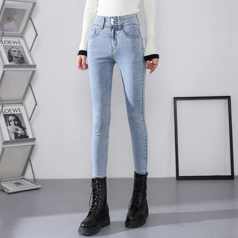 

Женские джинсы скинни с высокой талией и двумя пуговицами, светло-синие: Тонкий карандаш с девятью кончиками 30 светло-синий