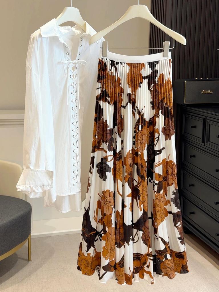 Women's High-End Retro Print Pleated A-Line Skirt for Spring and Summer