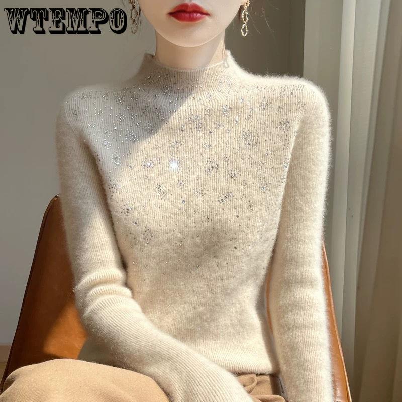 Schwerer Strass-Pullover für Damen, dick, Winter, Slim Fit, innen gestrickter Basis-Pullover-Top