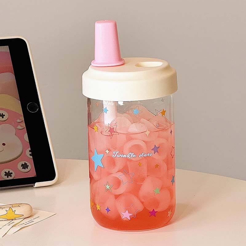 

Kawaii Glass Water Bottle For Girls With Straw New Bubble Juice Milk Tea Cup Student Heat-resistant Glass Drinking Bottle 500ML 500ml рожевий
