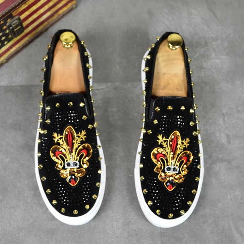 2025 New Men Tide Leather Casual Shoes Fashion Luxury Embroidery Twinkling Rhinestone Flat Shoes Leisure Sneakers Loafers