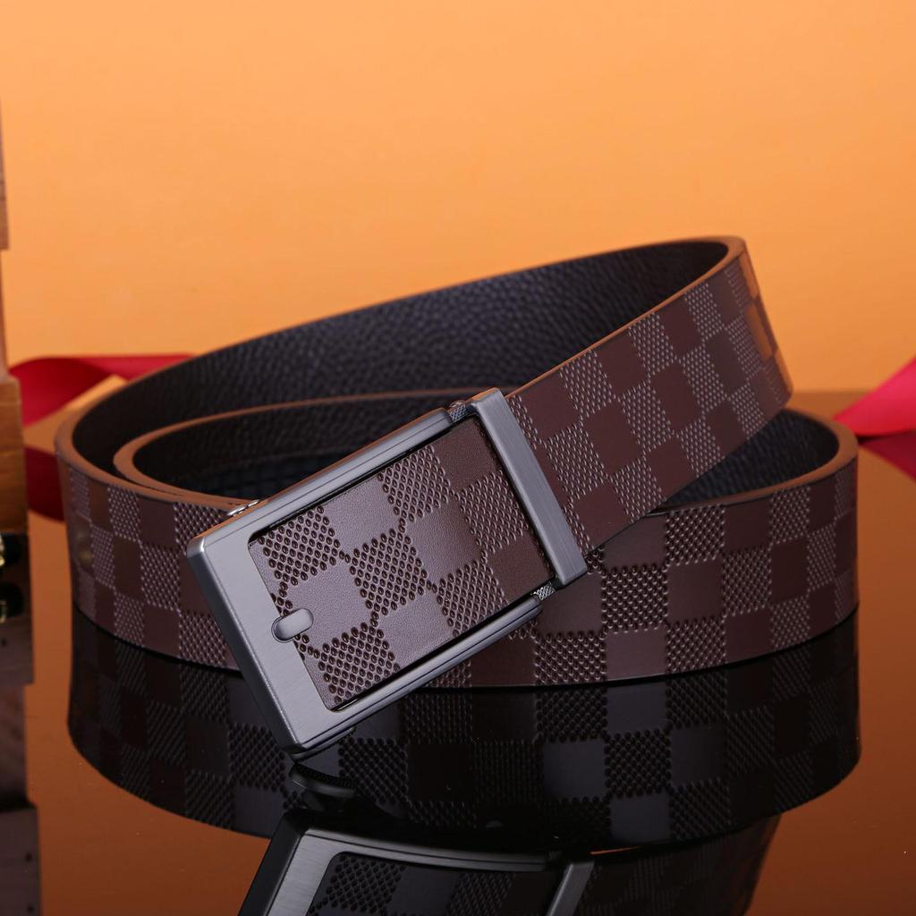 Men's Leather Belt, Genuine Leather, Automatic Buckle, Plaid Pattern