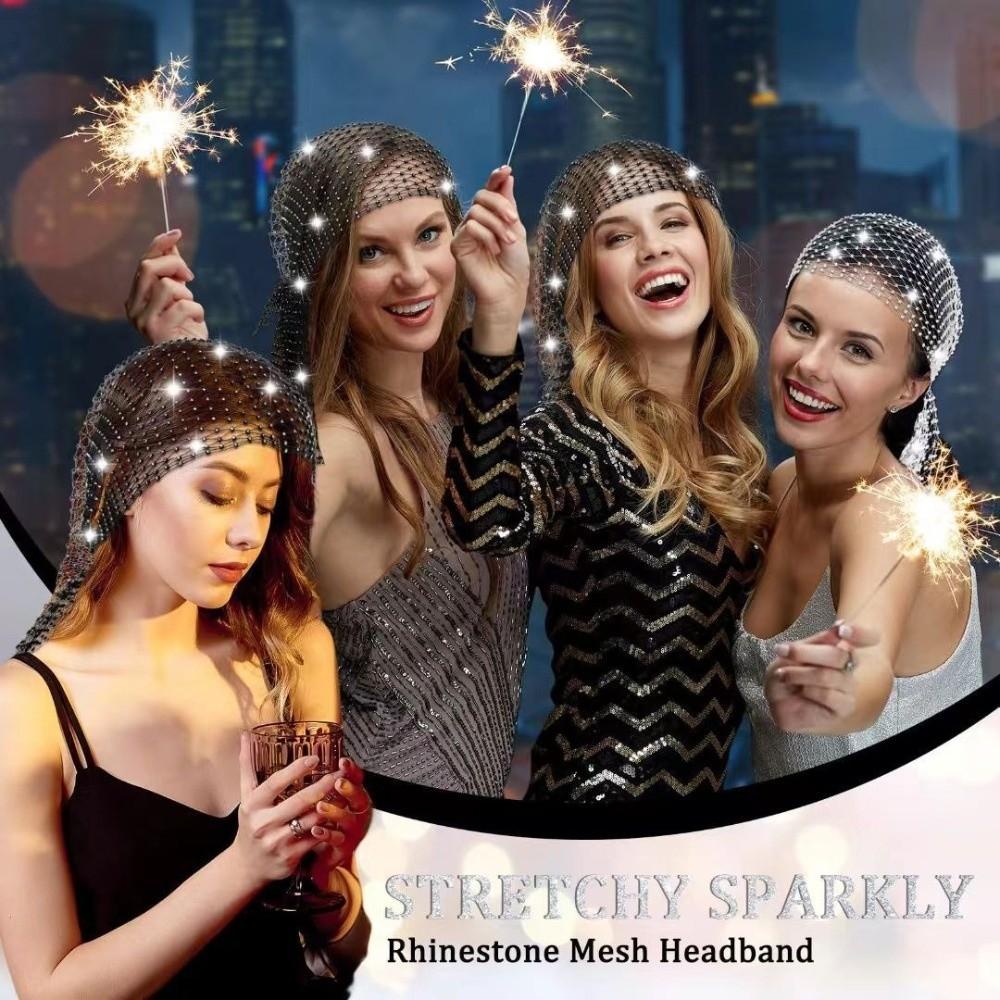 Elegant Elastic Rhinestone Hat Ball Cosplay Mesh Rhinestone Pirate Hat Hollow Out Rhinestone Head Scarf Women