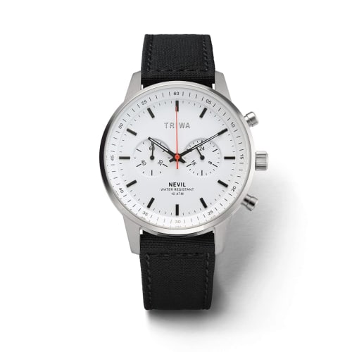 TRIWA Graphic Neville GRAPHIC NEVIL Two-Strap Chronograph Watch for Men and Women (Unisex) with Black Calfskin Canvas Strap, White Dial, Made in Japan