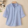 ZANZEA Women Casual Turn Down Collar Loose 3/4 Sleeve Stripe Blouse