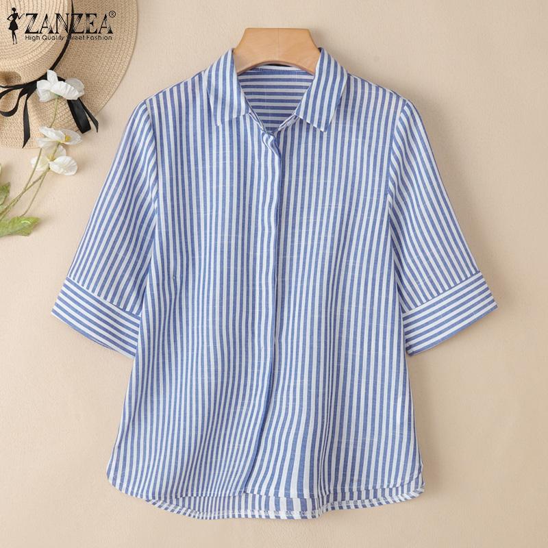 ZANZEA Women Casual Turn Down Collar Loose 3/4 Sleeve Stripe Blouse