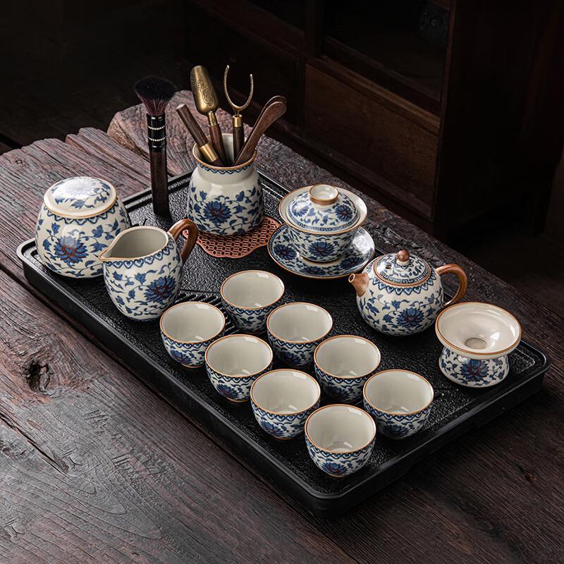 Lainuo Ru Kiln Lotus 14-Piece Tea Set with Tray