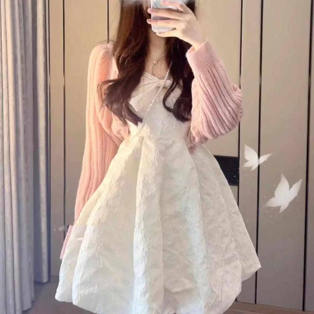 Elegant White Pearl Suspender Dress: French-Inspired Sweetheart Waist Princess Style