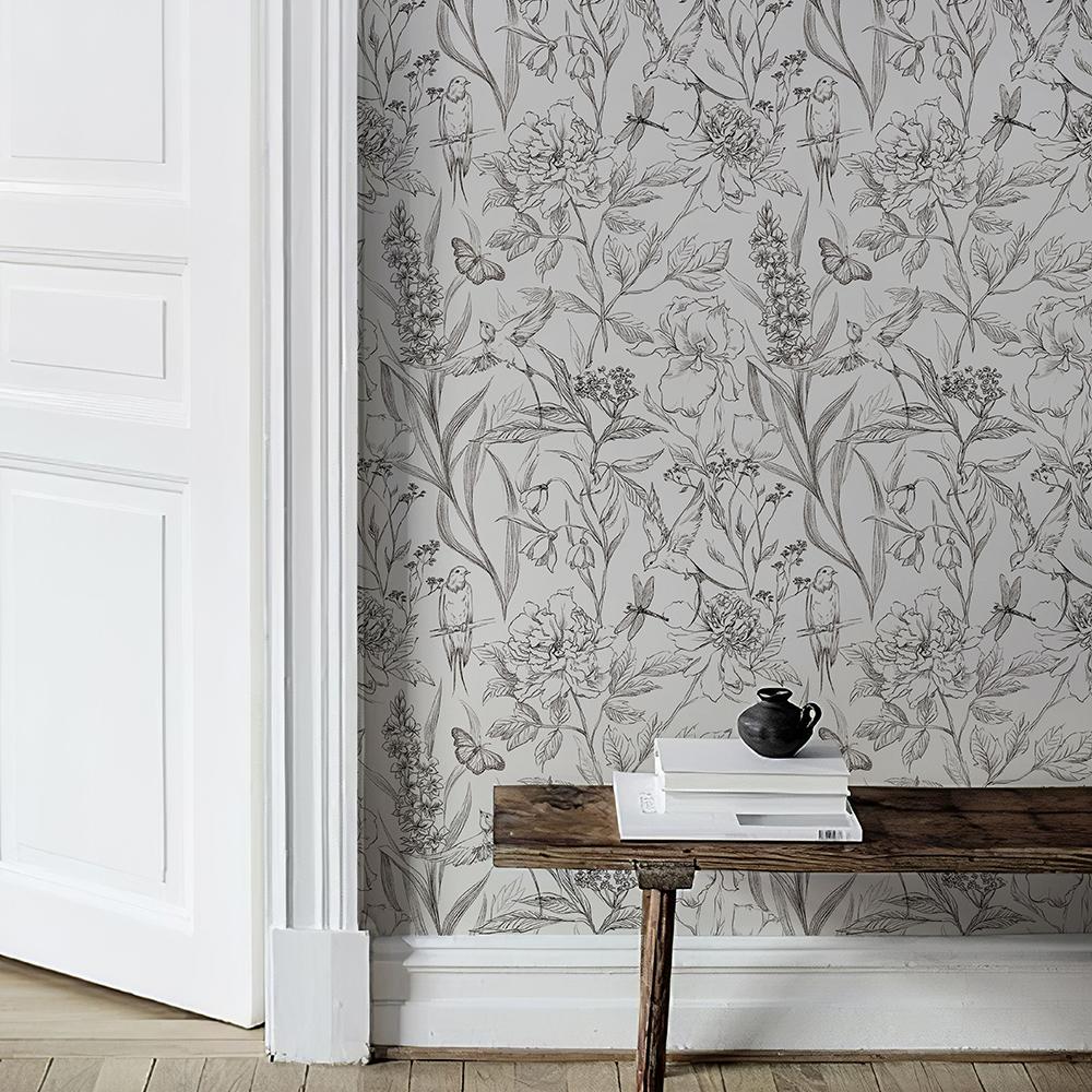 White Sketch Flowers Peel and Stick Wallpaper Floral Line Vinyl Waterproof Durable Cabinet Stickers Elegant Removable Home Decor