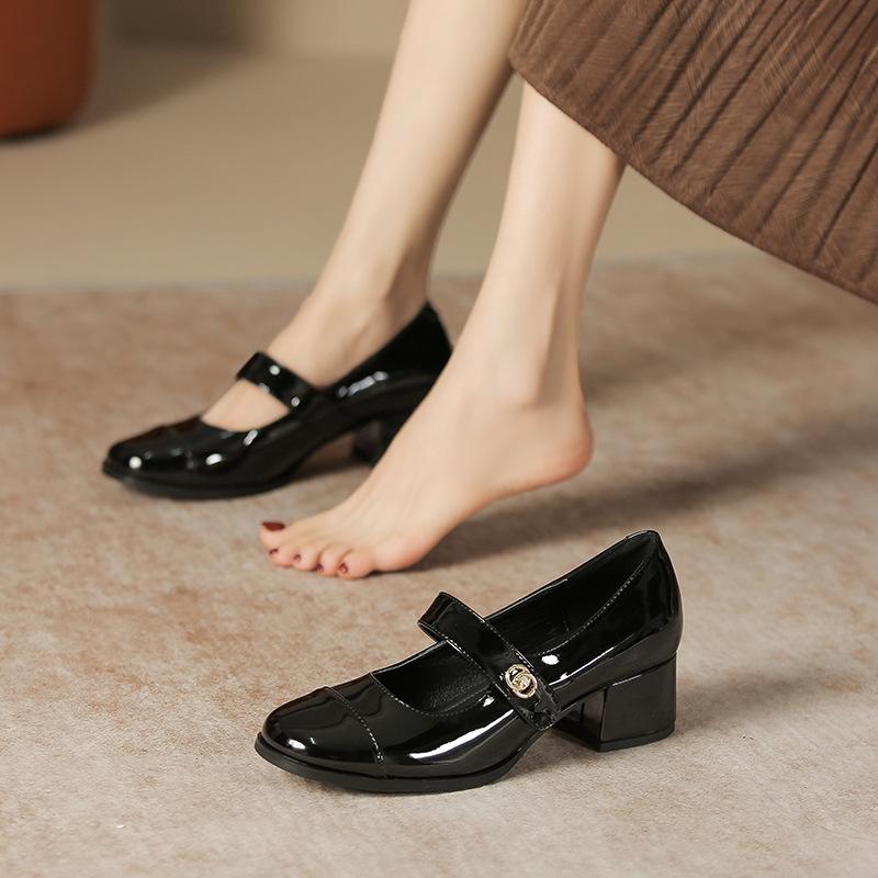 Thick heel shallow mouth soft leather single shoes women's college vocational work commuter women's shoes square head shoes