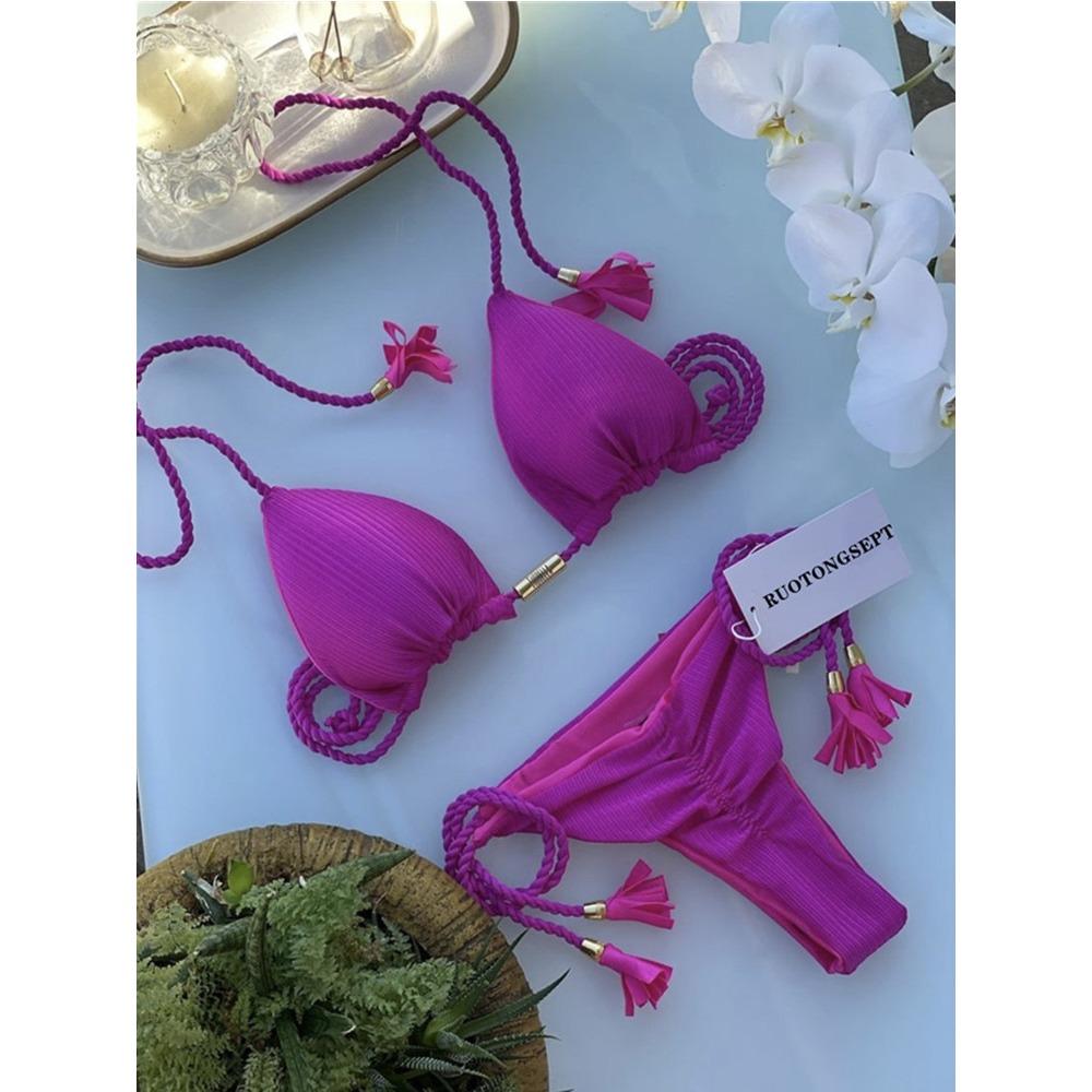 Costum de baie european și american geantă triunghiulară sexy pentru femeie Split Culoare uni Bikini sexy cu frânghie împletită multicoloră