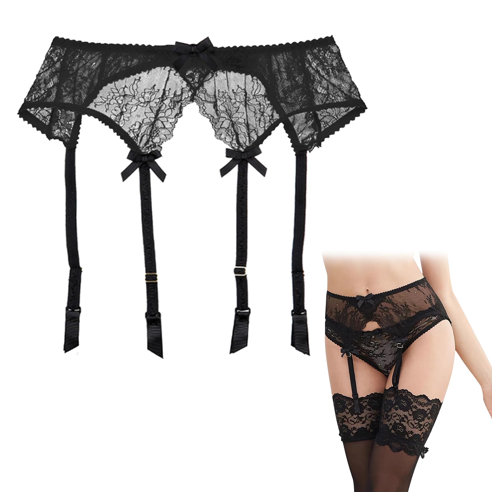 

Doyime Sexy Lace Garter Seductive and Beautiful Transparent Underwear with Lace Floral Adjustable Length Women s Belt, Lingerie, Print, чорний