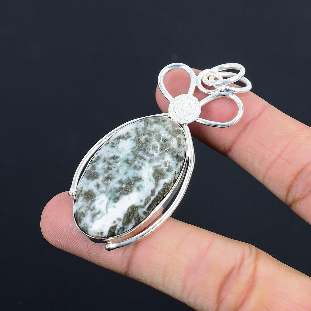 Oval Tree Agate Gemstone Daughter Trendy Elegant Pendant Jewelry Sterling Silver