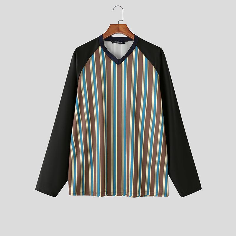 INCERUN Oversized Men V Neck Long Sleeve Striped Print Casual Loose T-shirts Tops