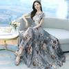 2026 New Women's Short-sleeved Printed Imitation Ice Silk Dress French Retro Feminine Elegant Beach Long Skirt