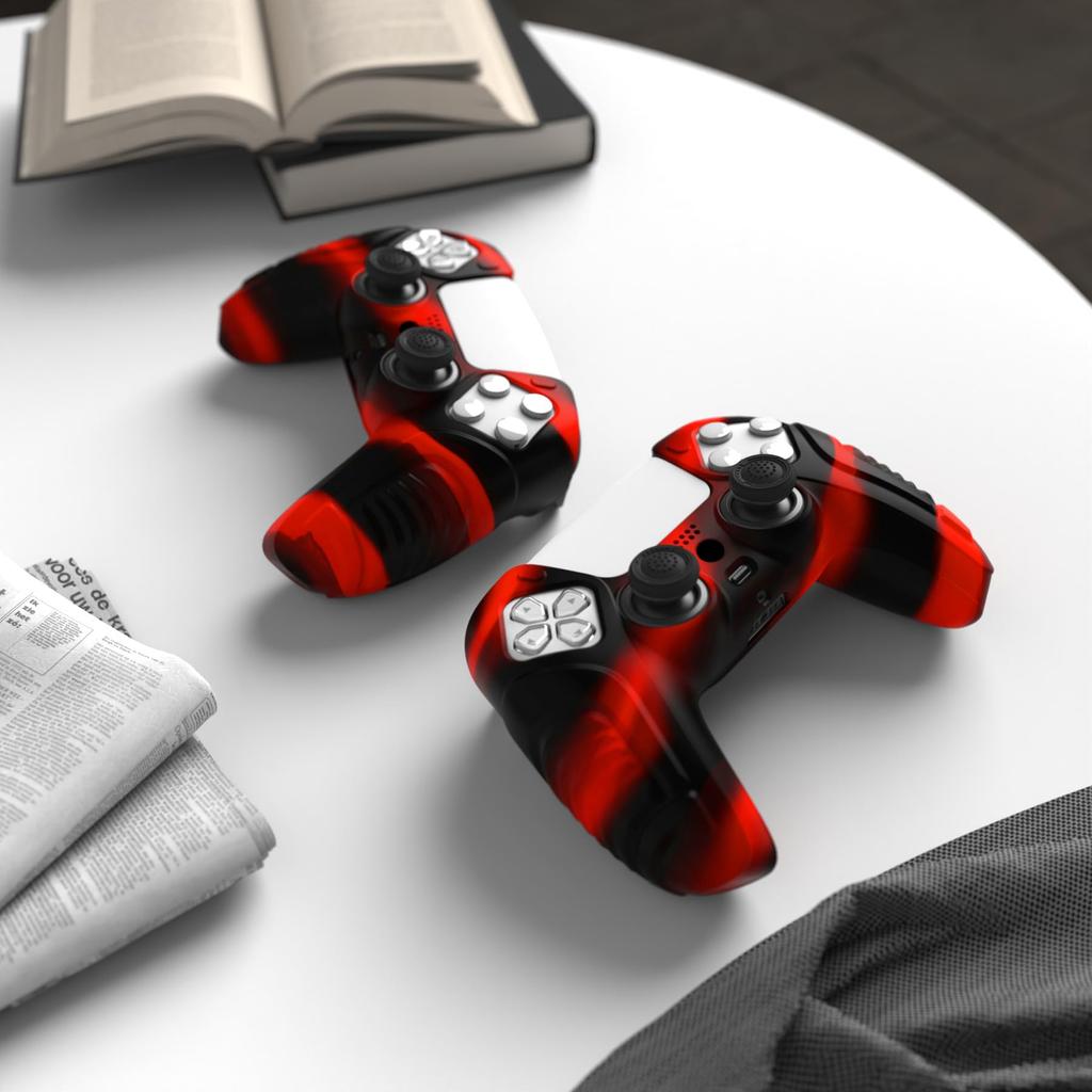 PlayVital PS5 Controller Protective Case Rubber Protective Case for PS5 Wireless Soft Silicone Skin with Thumb Grip Caps Warrior Red Black Cover,
