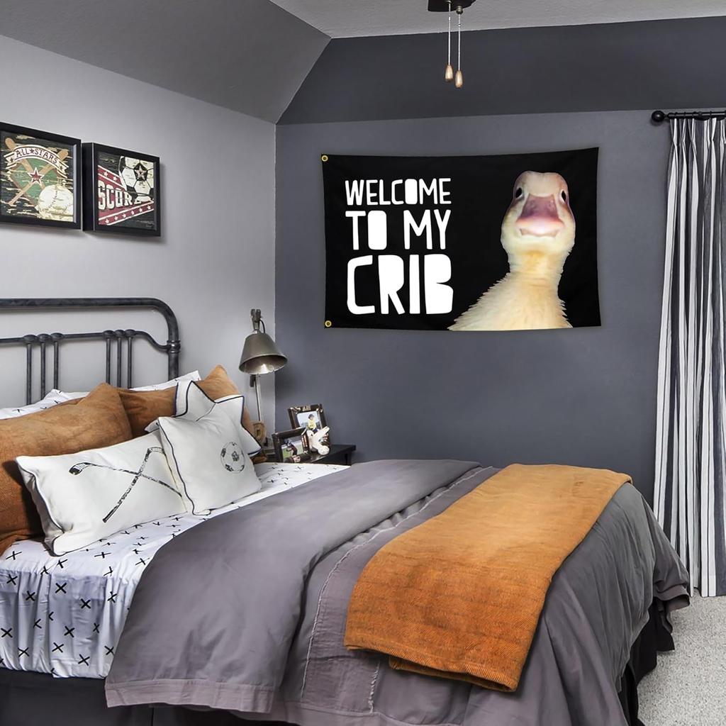 Welcome to My Crib Duck Flag 3x5 Ft Funny Tapestry Flags for Bedroom Room Guys College Dorm Cool Meme Flags Posters Banners for Room Man Cave Wall