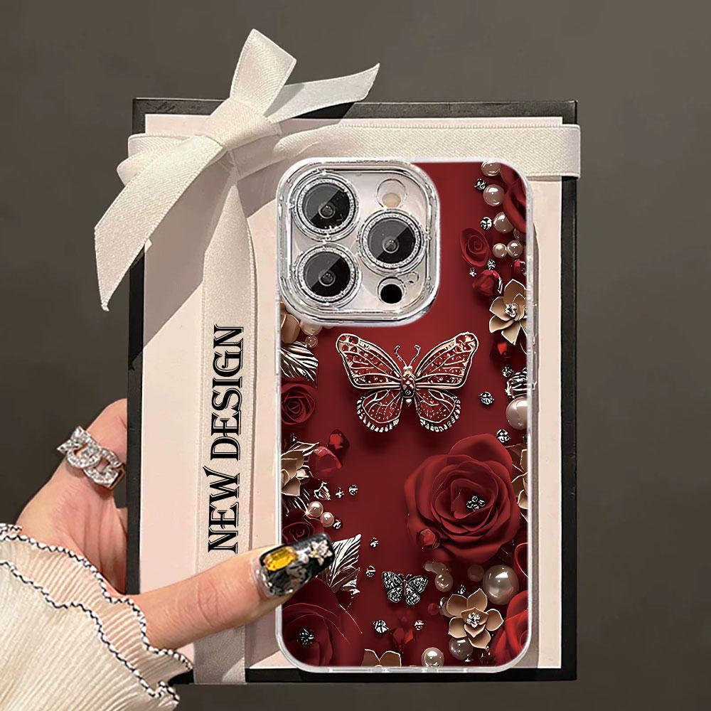Beautiful Butterfly Flower Glacier Texture Case For iPhone 17 Air 16 15 14 13 12 11 Pro Max Plus With Glass Lens Protector Cover