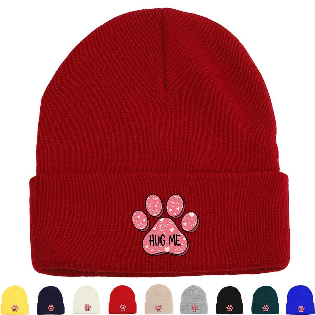 Dog Cat Paw Print Heart Knit Hat Beanie, Valentine's Day "XOXO LOVE KISS", Cozy Stylish Knitted Cap Beanie