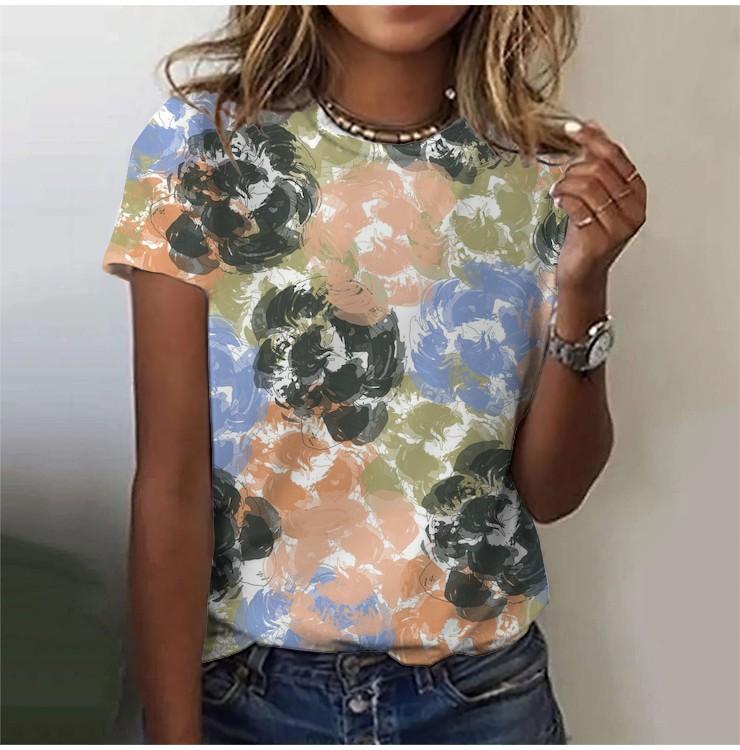 2025 Casual Sports Women's T-shirt Summer New Style Garden Collar Short Sleeve Fresh Floral Loose Lightweight Fabric Casual