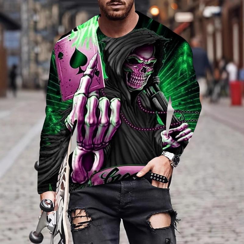 

Men s Long Sleeved T-shirt Street Trend Retro Skull 3D Printed Round Neck Top Autumn Shirt S