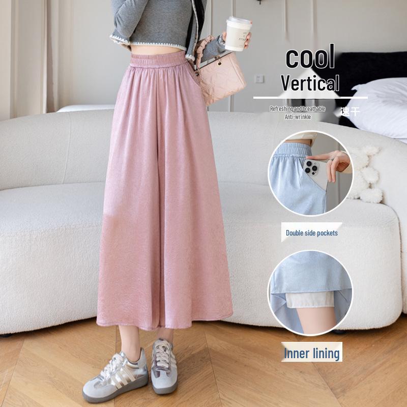 

Plus Size Ice Silk Wide-Leg Cropped Pants - Breathable Faux Satin with Pockets Medium дим/червоний