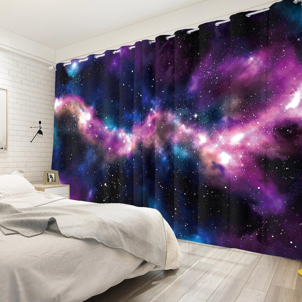 2pcs/set Universe Blue Purple Aurora Window Curtain Outer Space Nebula Home Bedroom Bar Decor Blackout Polyester Fabric Curtains