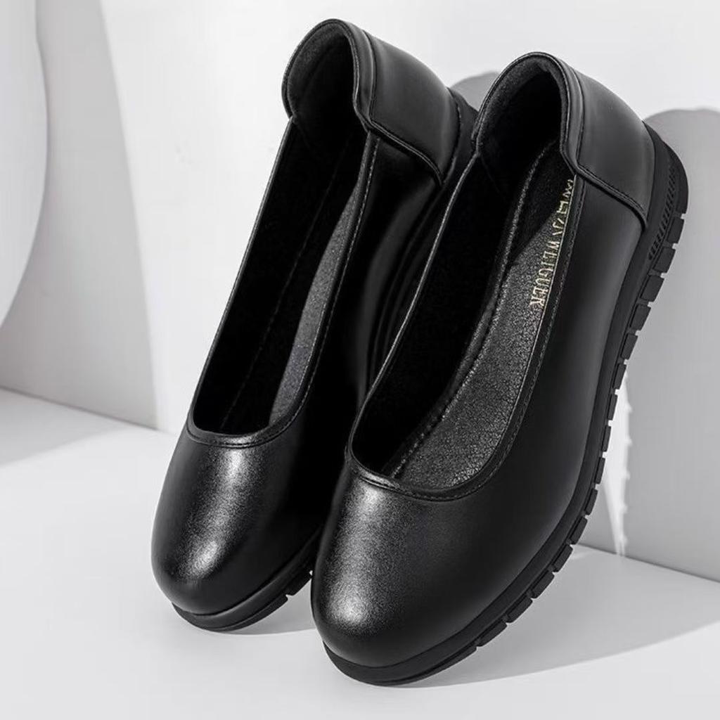 Work Shoes Women's Single Shoes Soft Sole Non-slip Round Head Hotel Work Shoes Middle-aged and Elderly Mother Grandma Women Flat Leather Shoes