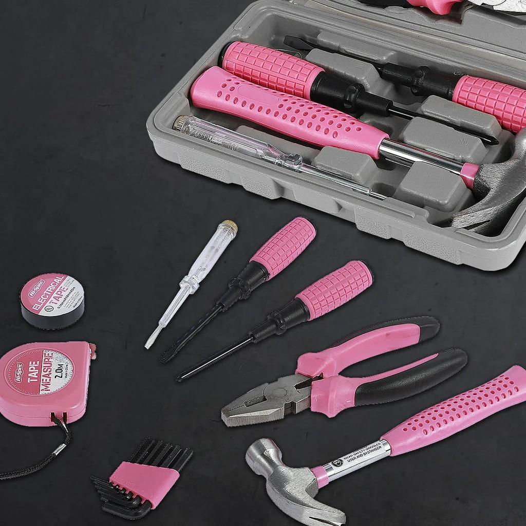 13/24Pcs Household Repair Tool Kit Multi-Purpose Pink Home Hand Tool Set Hammer and Allen Key with Electrical Tape Screwdriver