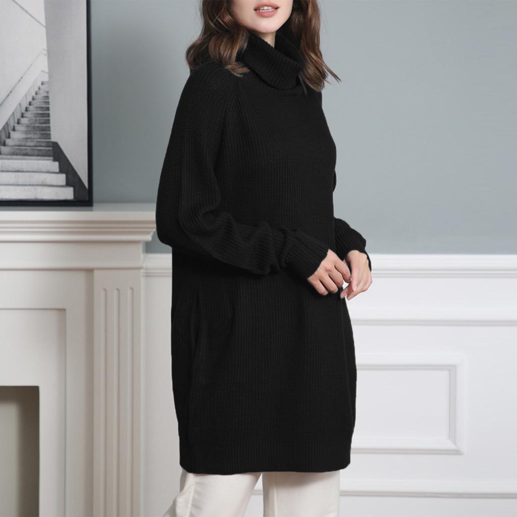 Fashion Warm Basics Long Sleeves High Neck Pocket Mid-Length Pack Hip Dress Loose Sweater Women's Knitwear