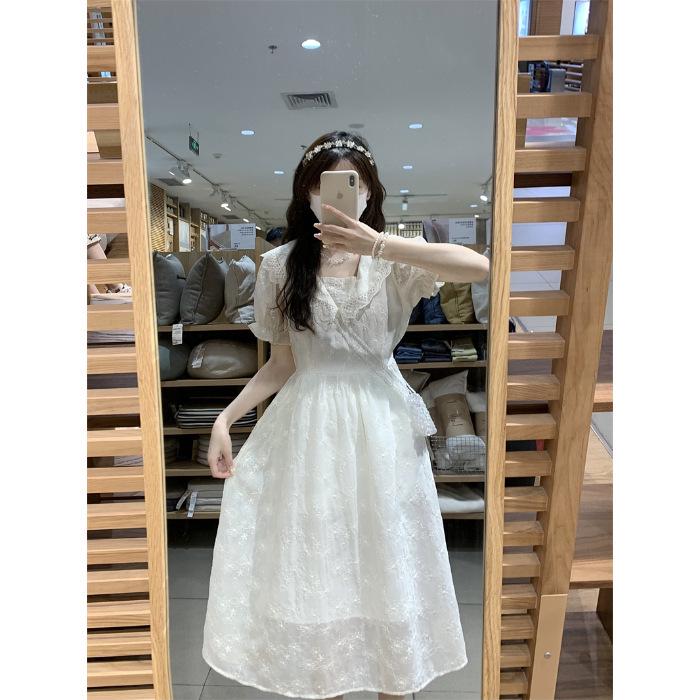 Elegant Lace Puff Sleeve Dress: Summer 2026 High Waist Slimming Midi S