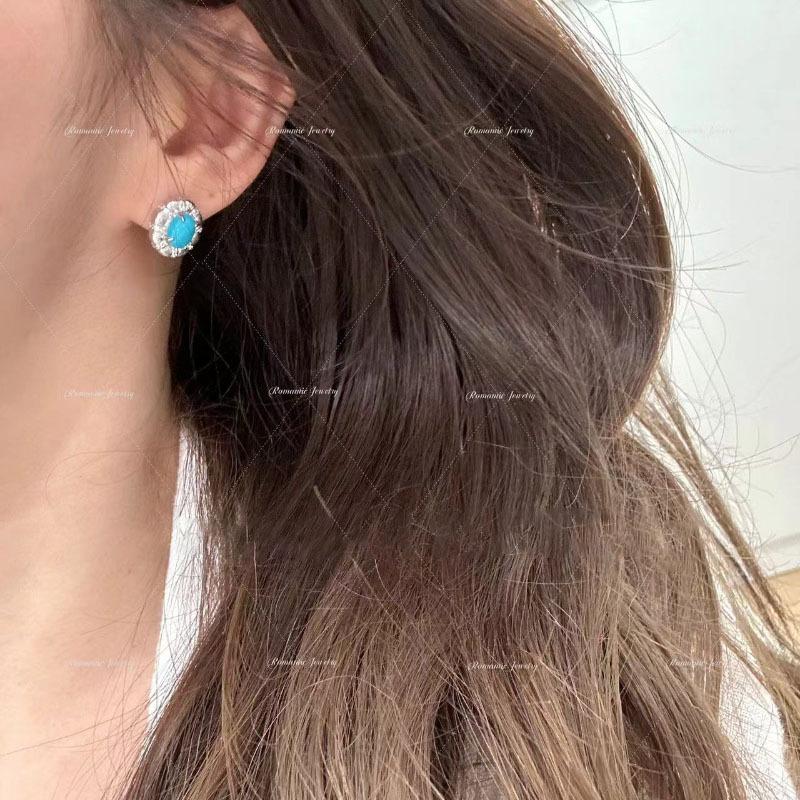 Light Luxury High Quality Turquoise Earrings for Women Fashion Oval Wire Drawing Blue Earings Stud Wedding Jewelry
