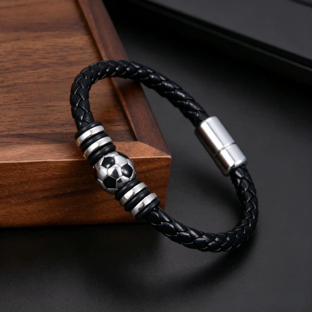 Hot Stainless Steel Geometric Bead Soccer Leather Woven Bracelet Unisex Trendy Fashion Charm Versatile Sports Jewelry Gift
