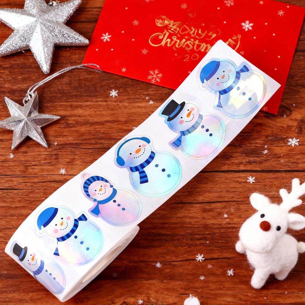 500 Stickers/roll Christmas Snowman Laser Waterproof Label Stickers, Holiday Gift Packaging Decorative Stickers